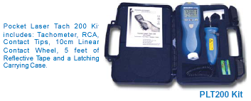 The rugged and versatile Pocket Laser Tach is ideally suited for non-contact, contact and linear speed measurements. Pocket Laser Tach 200 (PLT200) is a digital, battery-powered portable optical tachometer, which operates up to 25 feet (8 meters) from a reflective target using a class 2 laser light source. The ergonomic design allows safe, direct line-of-sight viewing of both the target and the display at the same time, while providing a non-slip rubber surface for single hand operation. Multi-Function For Pro-Active Maintenance PLT200 is a 32 function Tachometer/Ratemeter, Totalizer/Counter and Timer (stopwatch), which is programmable in both Imperial and Metric rates. Two phono plug connectors for our optional Remote Contact Assembly (RCA) or remote sensors. The PLT200 also has a TTL compatible pulse output to trigger devices like vibration data collectors or stroboscopes. The KIT is supplied complete with a Remote Contact Assembly including concave and convex tips and a 10 cm linear speed wheel all in a latching carrying case.